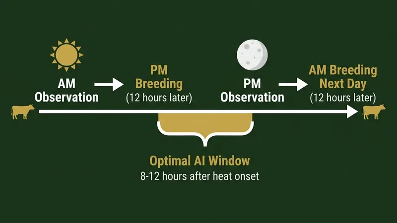 Timeline showing the AM-PM rule for dairy cow insemination, illustrating the 12-hour gap between heat observation and breeding.