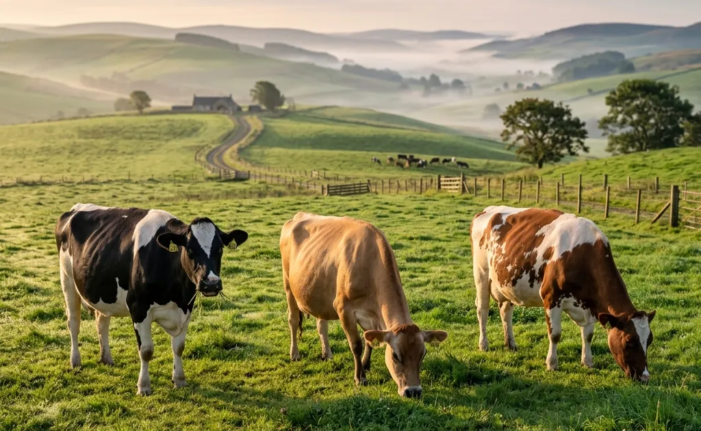 Dairy cows in green pasture representing average milk production benchmarks by breed