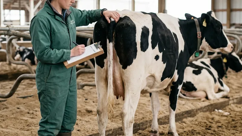 Dairy nutritionist performing body condition scoring (BCS) on a fresh Holstein cow