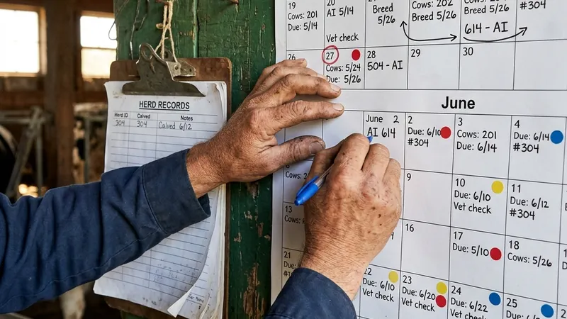 Dairy farmer's hands holding a pen over a large wall-mounted breeding calendar