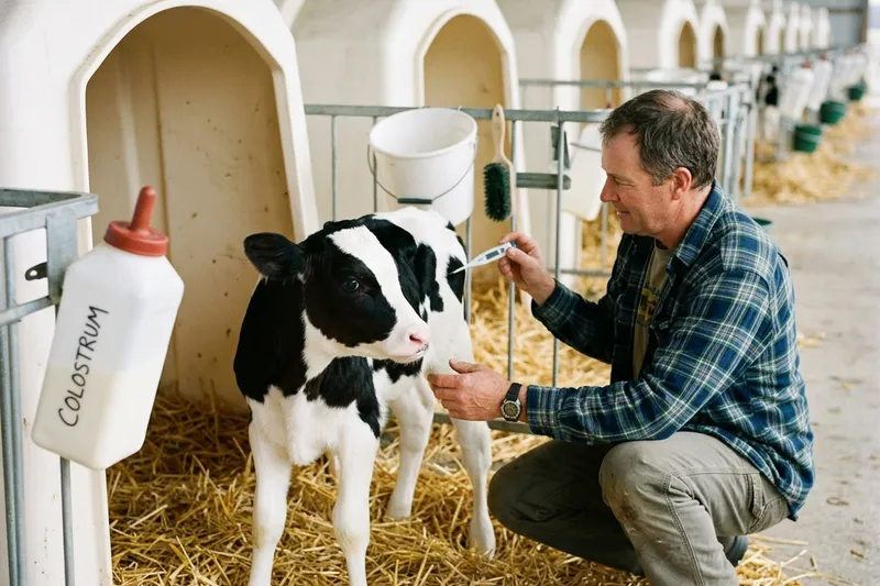 Young Holstein calf in clean hutch with farmer checking health