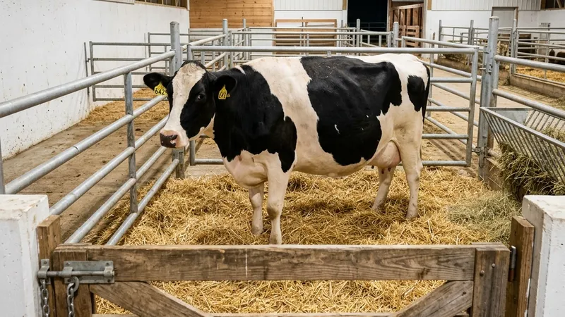A heavily pregnant Holstein cow standing in a clean, deeply bedded straw calving pen inside a well-lit barn