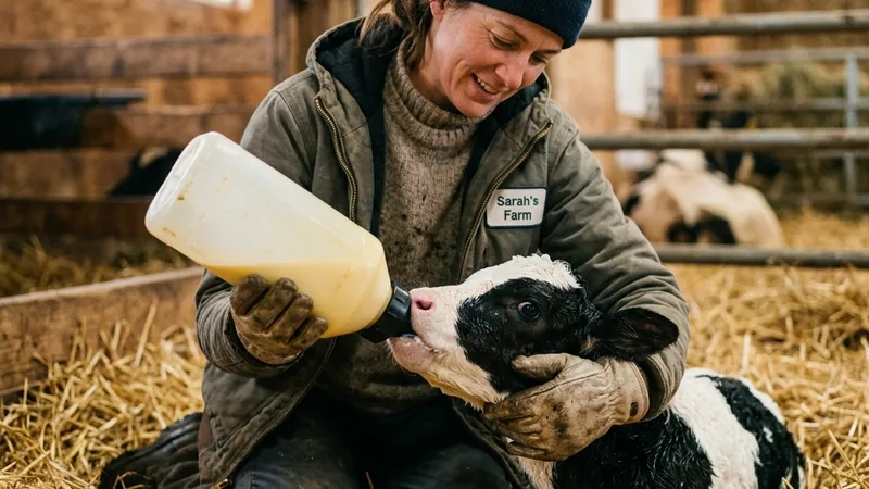 Dairy farmer feeding colostrum to a newborn Holstein calf