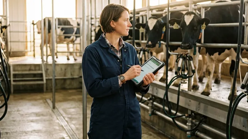 Dairy farmer in modern milking parlor checking cows and recording daily logs on a tablet