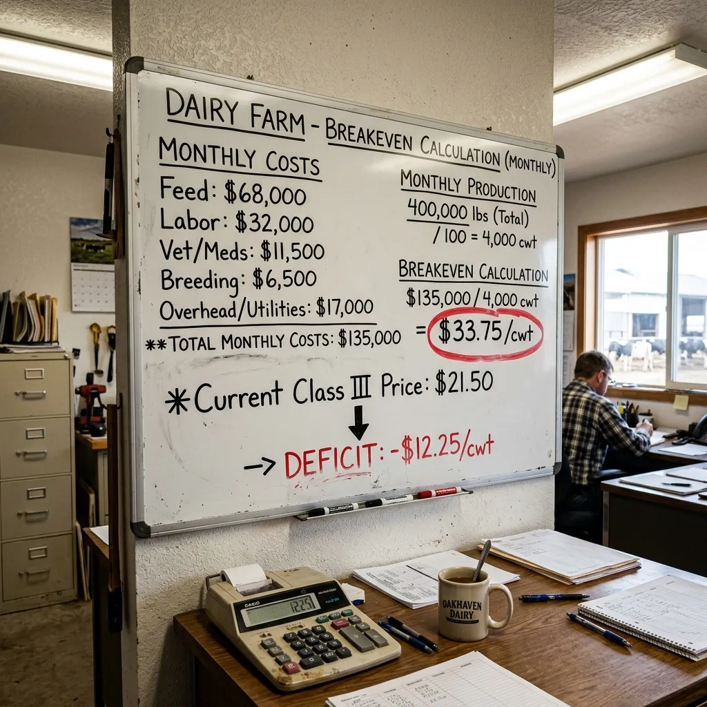 Whiteboard showing breakeven milk price analysis and monthly cost breakdown in a dairy farm office