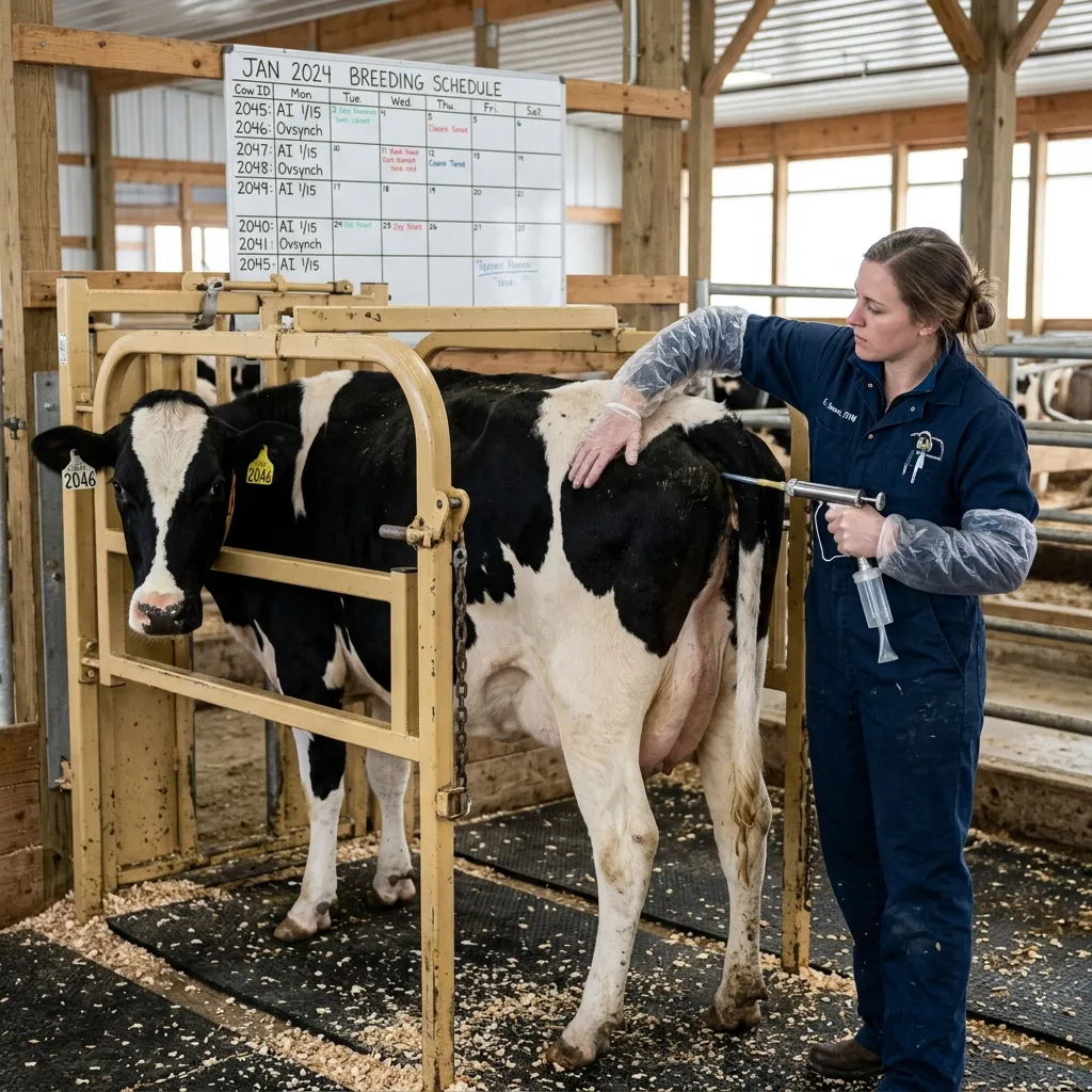 Dairy veterinarian performing artificial insemination on a Holstein cow for dairy cow breeding