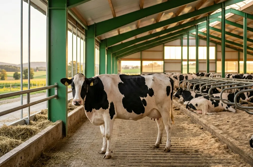 A wide panoramic photograph of a healthy dairy cow standing in a clean, well-lit barn with green-painted steel beams.