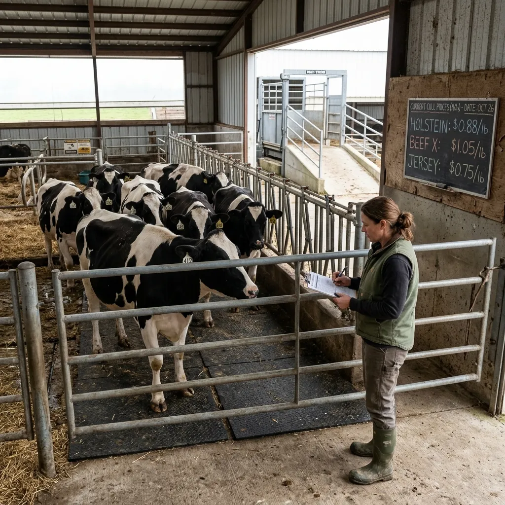 Dairy farm manager evaluating Holstein cows in a pen to make profitable culling decisions