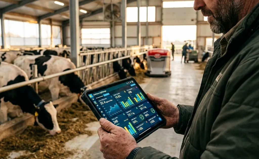 Dairy farmer analyzing key performance indicators and profit margins on a tablet dashboard inside a modern barn