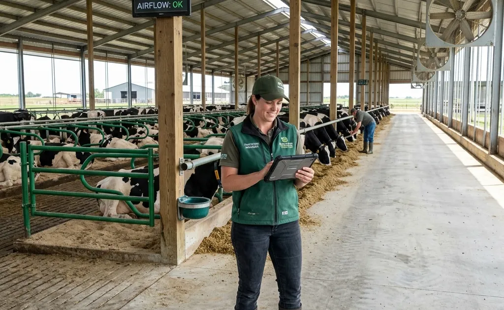 Modern dairy farm manager using a rugged tablet in a free-stall barn for dairy farm management software