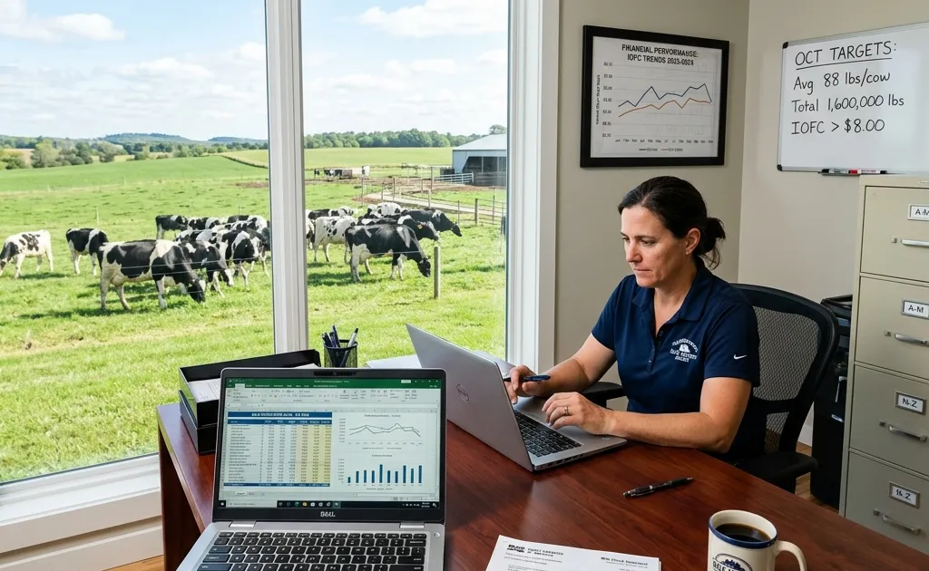 Modern dairy farm office desk showing milk production spreadsheets and financial charts for dairy farm profitability