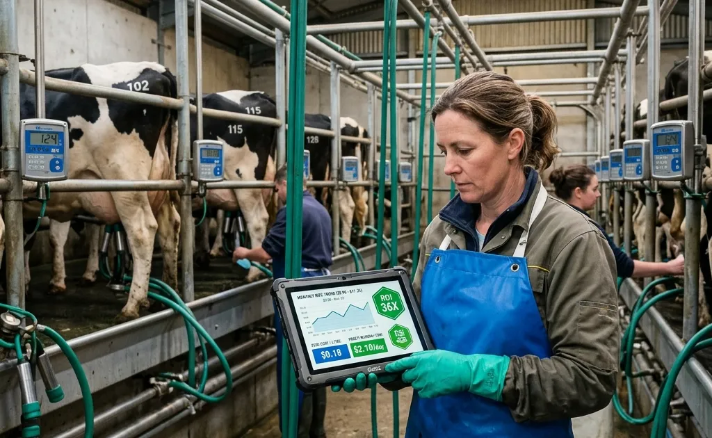 Dairy farm software dashboard showing ROI and profitability metrics