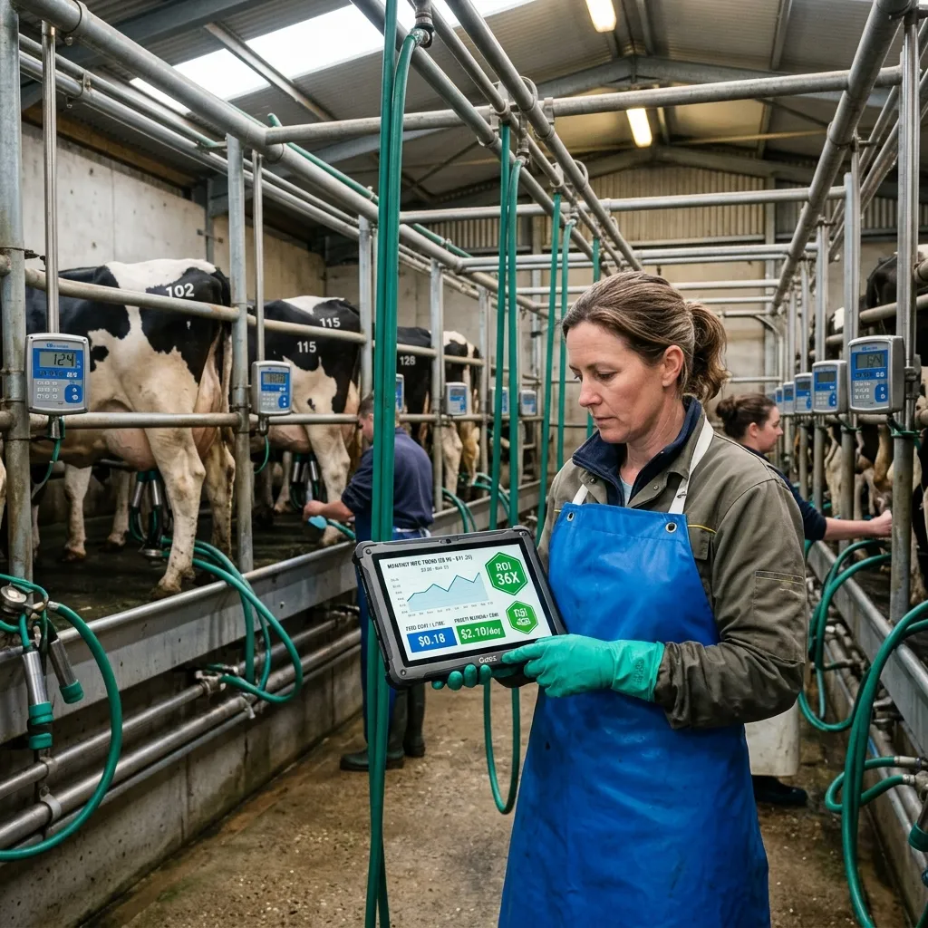 Farm manager viewing financial dashboard on tablet showing ROI and IOFC in the milking parlor