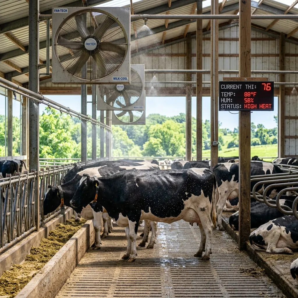 Holstein cows standing under soaker fans and sprinklers to prevent heat stress in dairy herd management