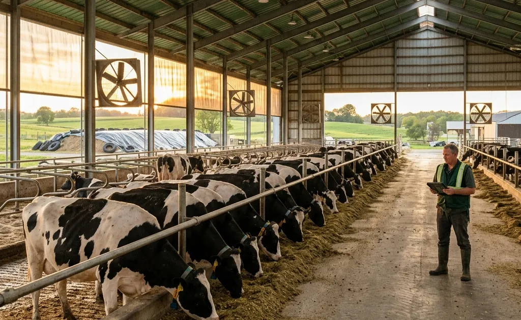Modern dairy farm manager observing holstein cows at feed bunk for dairy herd management