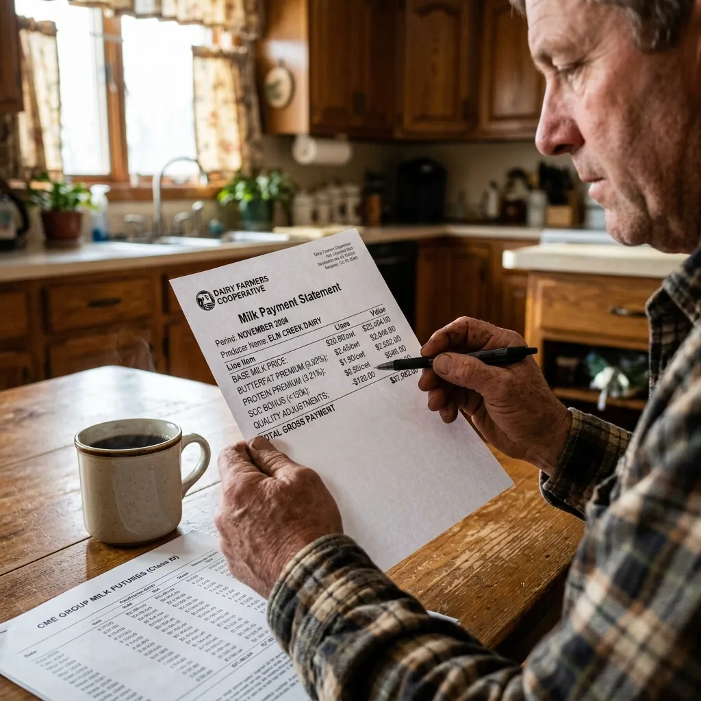 Dairy farmer reviewing detailed milk check statement showing component pricing and premiums