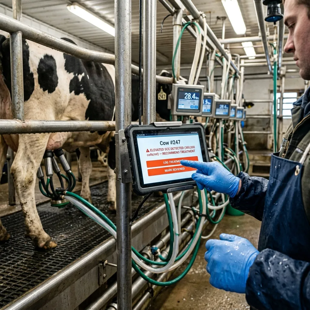Dairy farm worker entering cow health data on a rugged tablet in the milking parlor