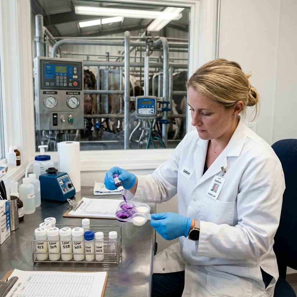 Dairy lab technician performing somatic cell count test in on-farm laboratory for dairy herd health