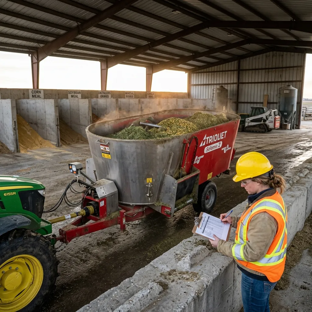 Dairy feed center manager checking ration formulation sheet next to TMR mixer for dairy nutrition