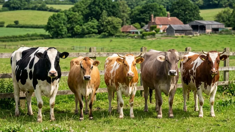Five major dairy cow breeds — Holstein, Jersey, Guernsey, Brown Swiss, and Ayrshire — standing in a green pasture