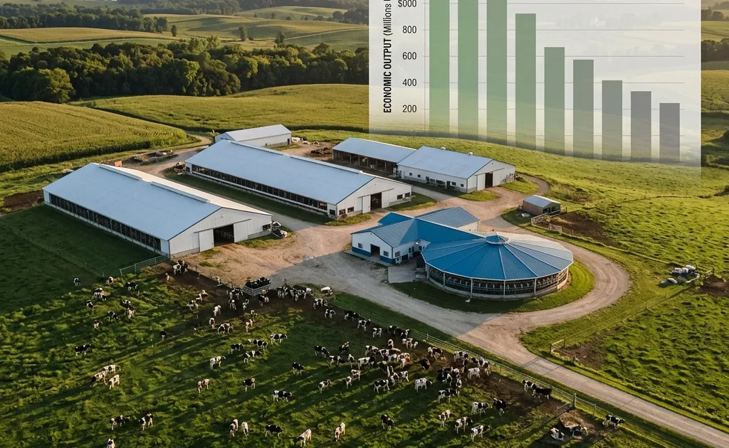 Aerial photograph of a large modern Wisconsin dairy farm pasture with Holstein herd at golden hour