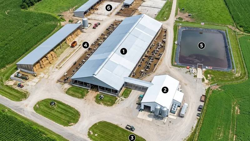 Aerial view of a modern dairy farm layout showing barn, milking parlor, feed storage, and pasture fields