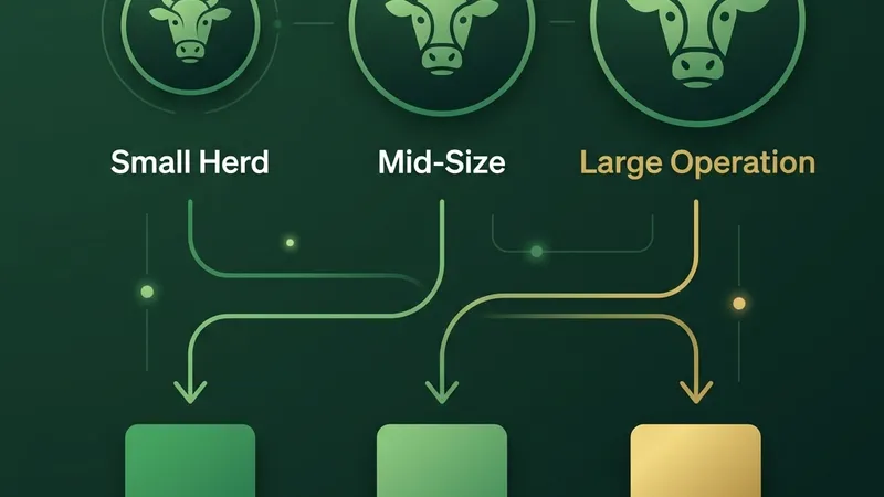Visual decision guide for choosing dairy software based on herd size: small, medium, or large operation