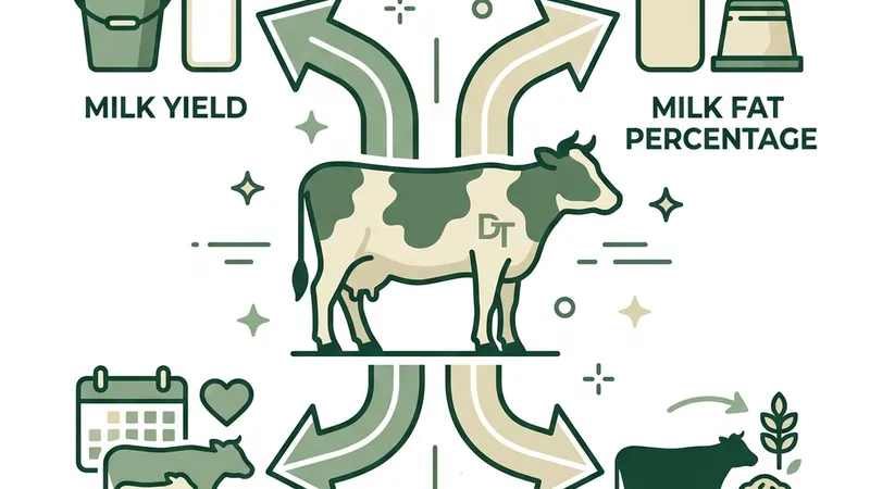 Clean infographic showing how Dry Matter Intake impacts milk yield, fat, reproduction, and feed efficiency