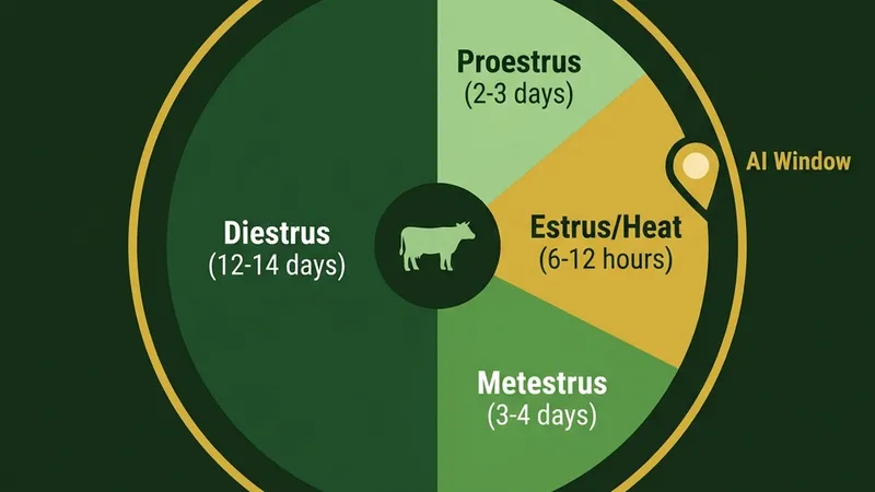 Circular diagram showing the 4 phases of the bovine estrous cycle (Proestrus, Estrus, Metestrus, Diestrus) with durations and AI window highlighted.