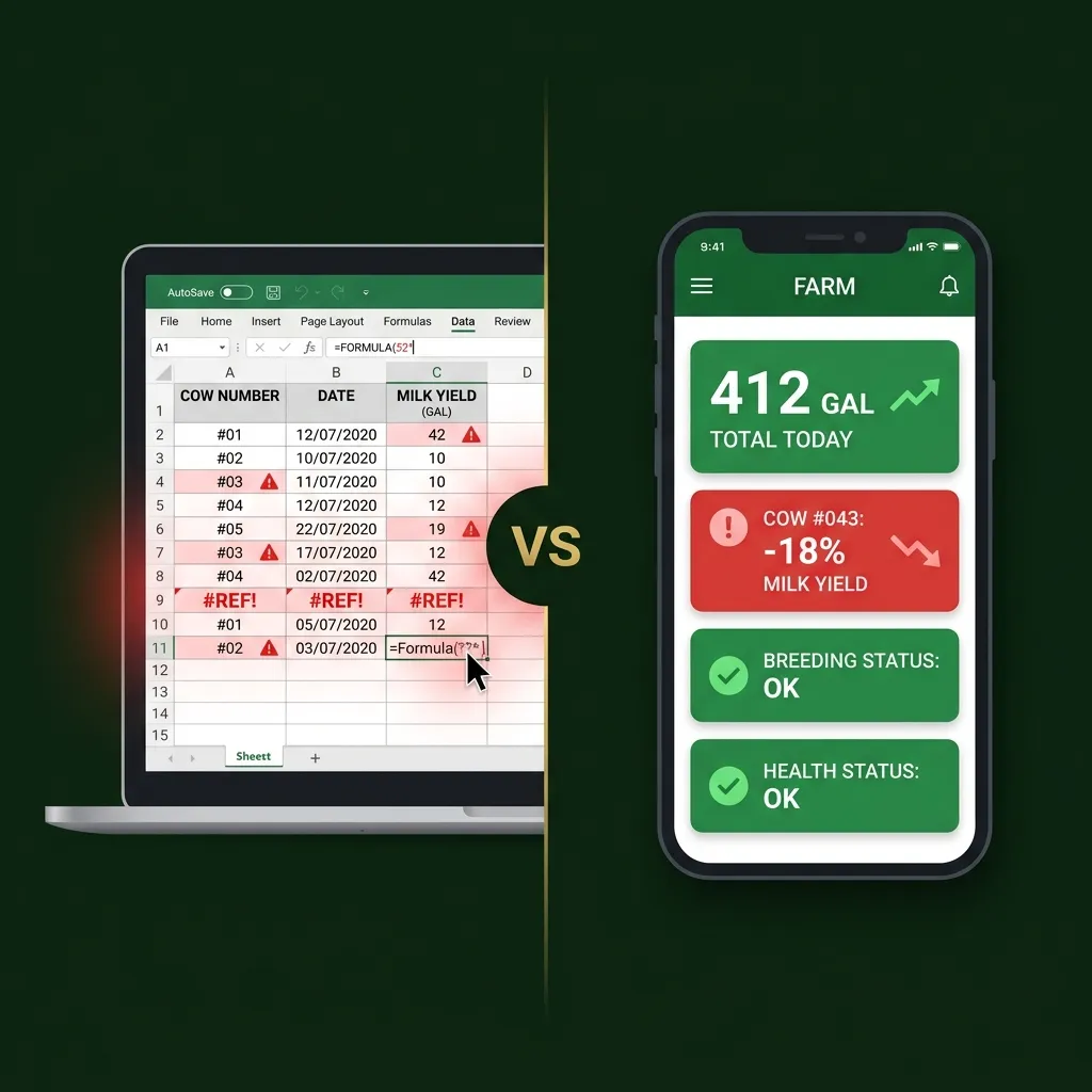 Split screen comparison of a messy Excel spreadsheet vs a sleek farm management app dashboard