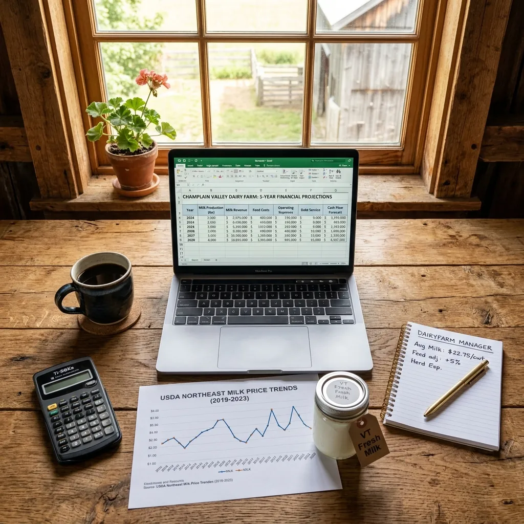 Dairy farm financial projections spreadsheet on a laptop next to USDA charts, a notepad, and fresh milk