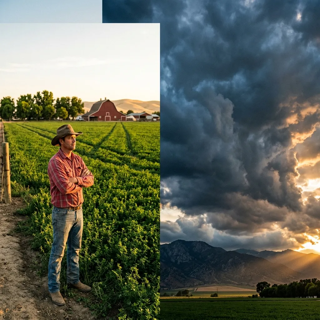 Farmer standing resiliently at the edge of his field as storm clouds gather over the mountains