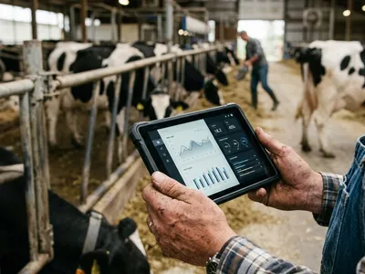 Farmer holding a tablet showing a farm management dashboard