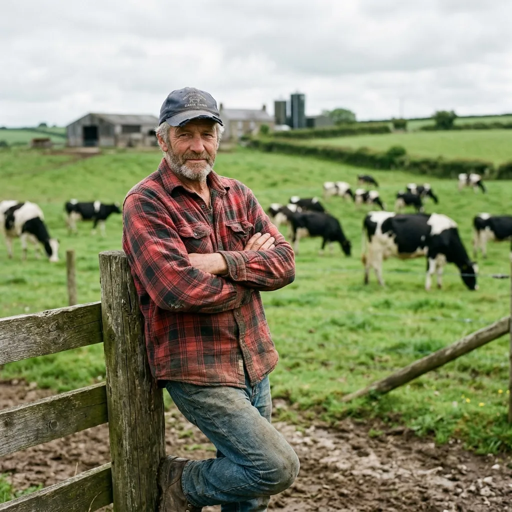 Portrait of a weathered dairy farmer standing in front of his herd