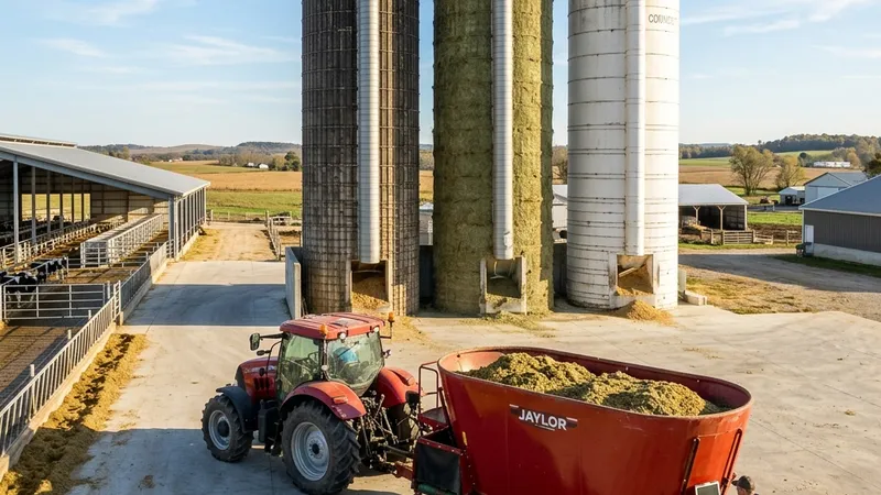 Aerial view of a dairy farm feed center with a tractor pulling a TMR mixer wagon