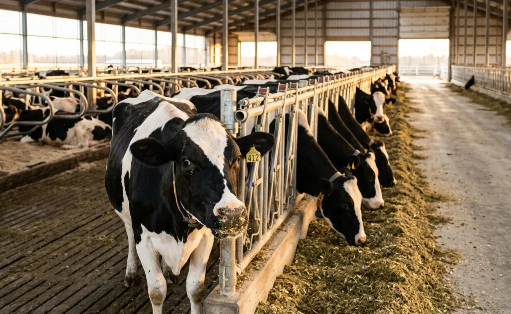 Six Holstein cows standing at a concrete feed bunk eating a freshly delivered TMR in a modern free-stall dairy barn