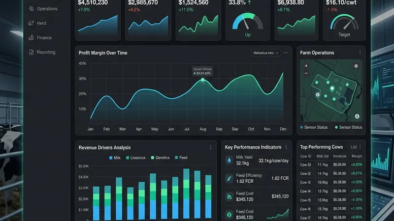 A modern web dashboard UI showing financial KPIs for a dairy farm