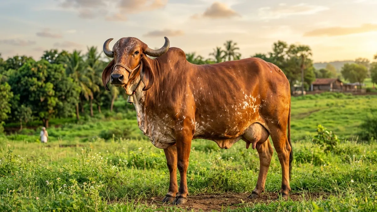 Purebred Gir dairy cow with distinctive convex forehead and curved horns in a tropical pasture