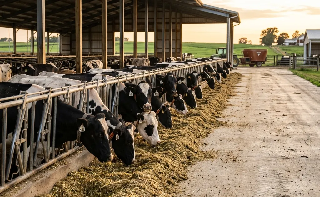 Wide shot of a modern dairy farm feed bunk with a mixed group of Holstein cows eating a Total Mixed Ration