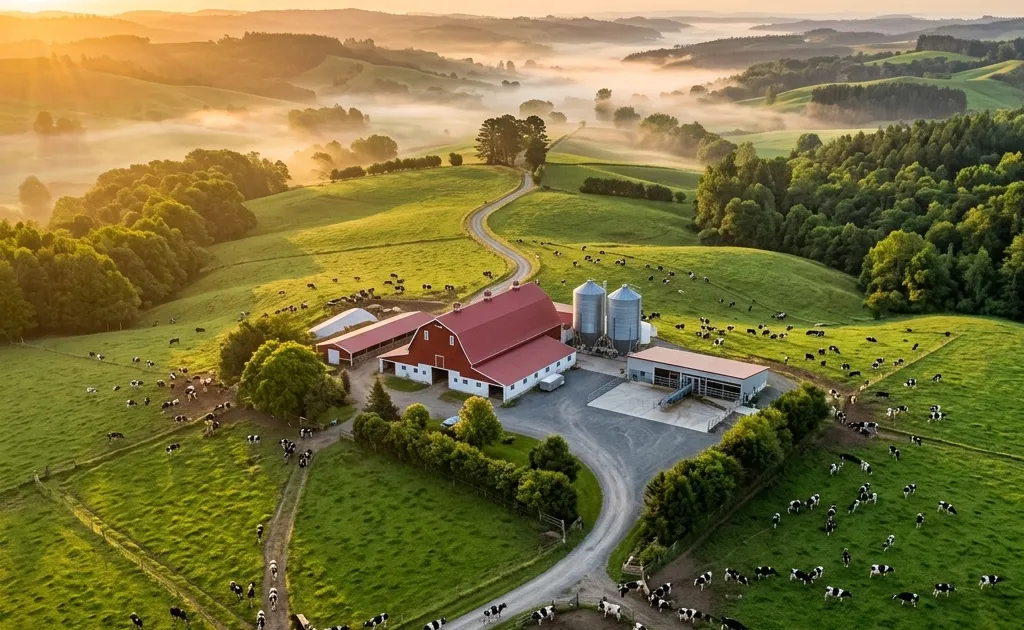 Lush green dairy farm at golden hour with Holstein cows grazing, red-roofed barn, and milking parlor