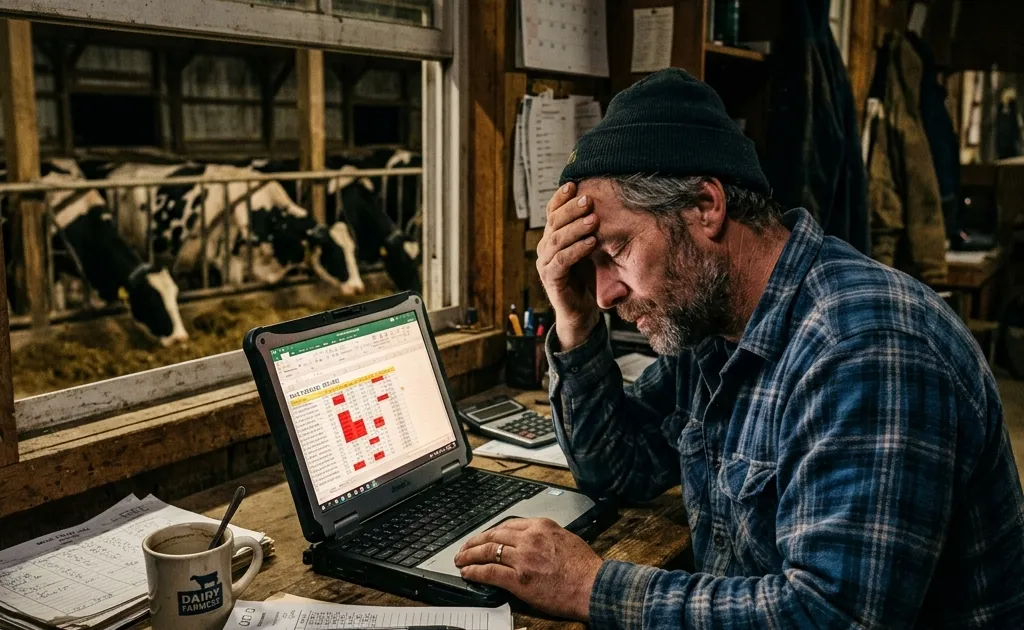 A frustrated dairy farmer trying to use a cluttered Excel spreadsheet late at night