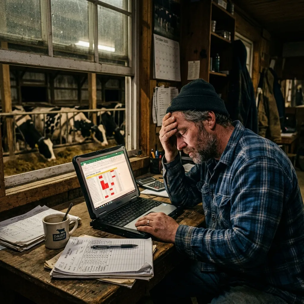 A frustrated dairy farmer trying to use a cluttered Excel spreadsheet late at night