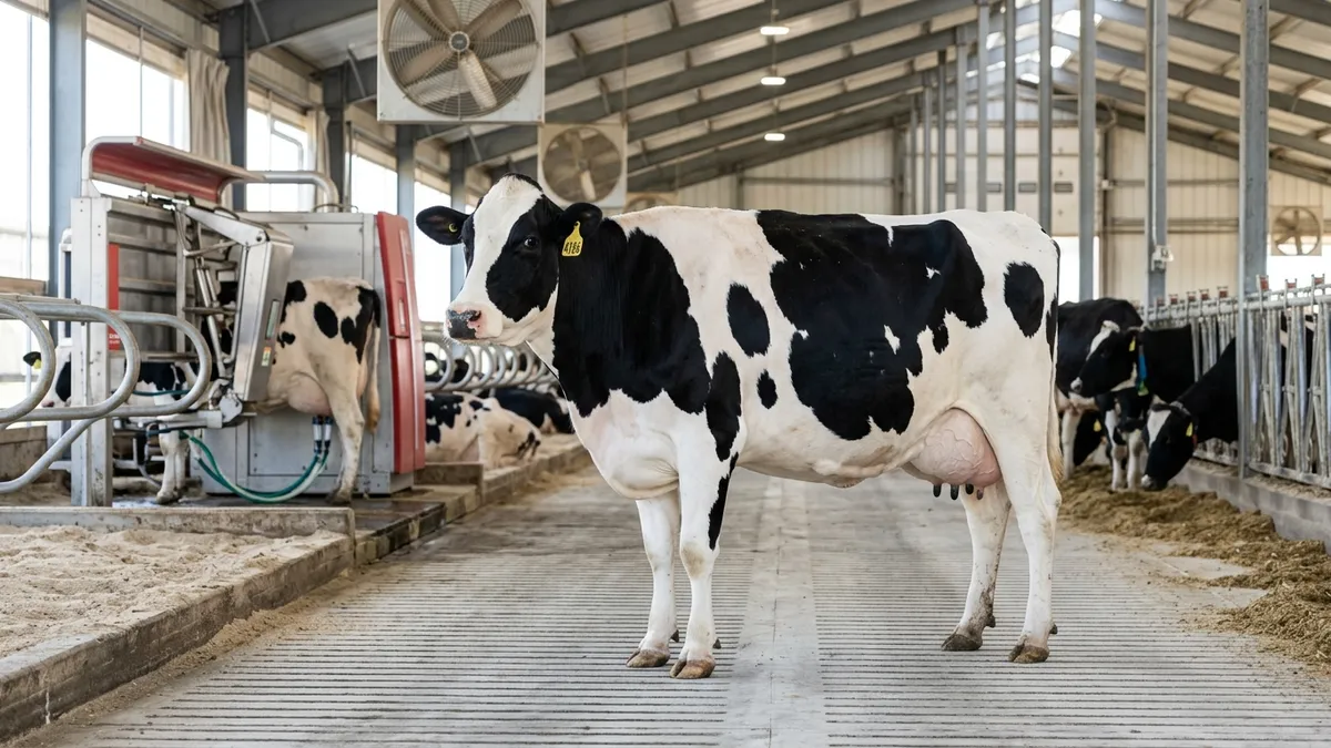High-producing purebred Holstein Friesian dairy cow in a modern commercial barn with automated milking