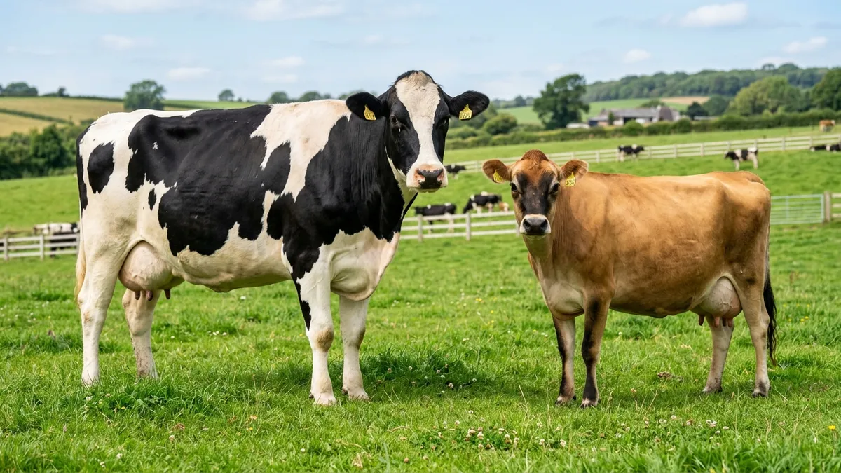 Holstein and Jersey dairy cows standing side by side in a green pasture illustrating breed comparison