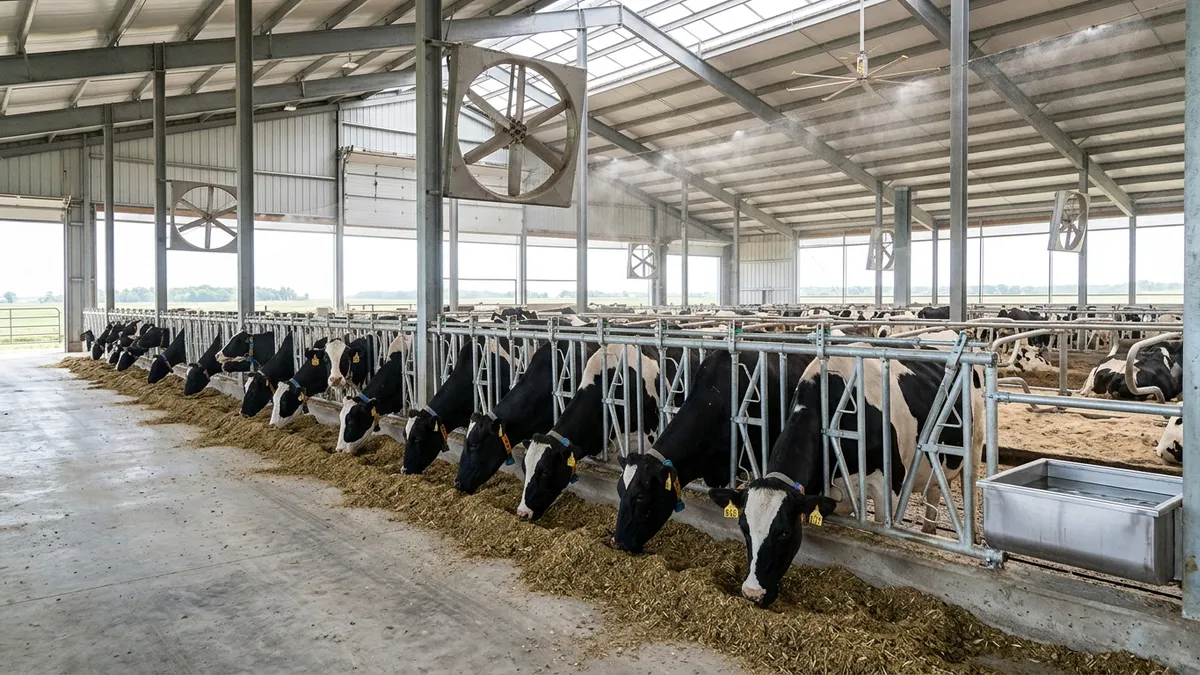Modern dairy barn with dairy cows feeding on TMR with overhead cooling fans to increase milk production
