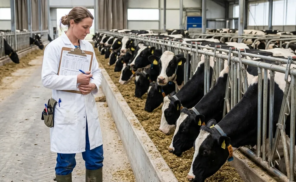 Dairy farm nutritionist with clipboard standing at a feed bunk with Holstein cows