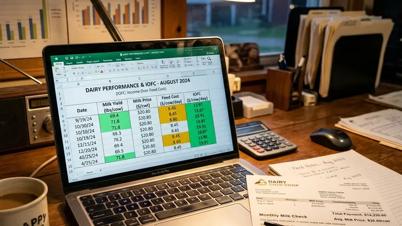 Dairy farm manager desk with laptop showing IOFC spreadsheet calculations