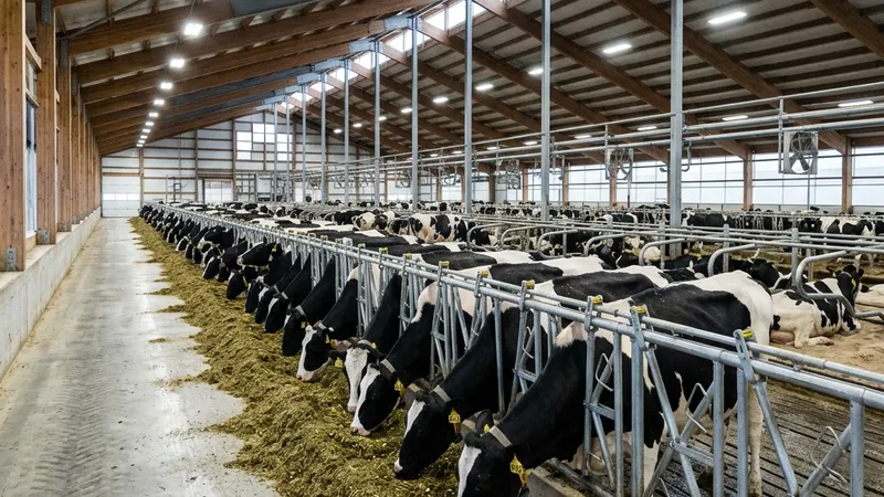 Interior of a dairy barn with cows eating TMR from a feed bunk