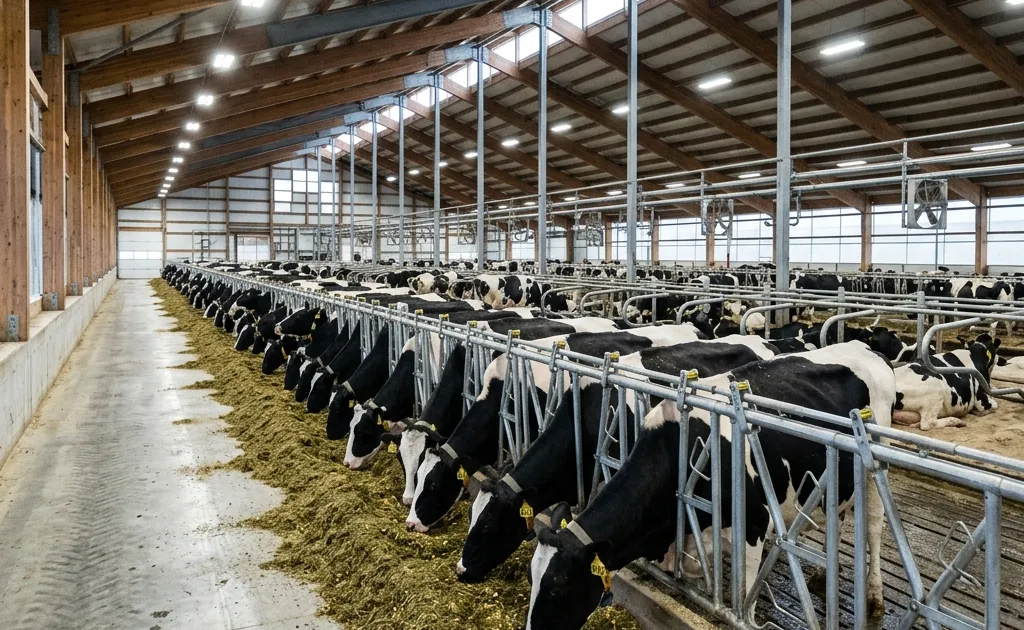 Holstein dairy cows eating TMR total mixed ration at a feed bunk
