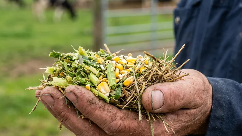 Dairy farmer inspecting a TMR sample by hand